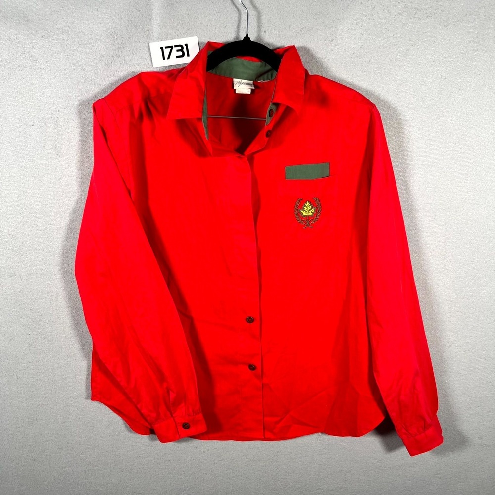 Vintage Pykettes Blouse Womens 16 Red Crest‎ Pocket Long Sleeve Button Up Retro